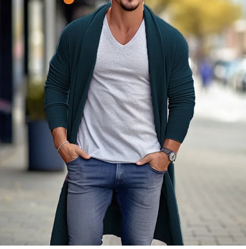 Cardigan en laine monochrome pour hommes, tricots minces, pulls longs décontractés, veste longue, printemps, automne, 2024