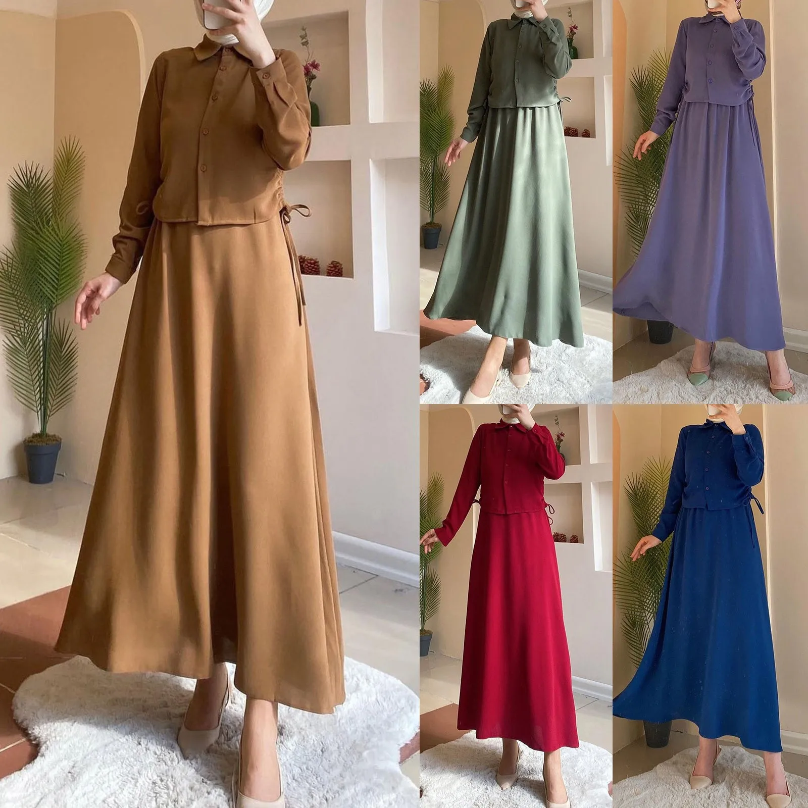 

Ramadan Outfits Muslim Women Dresses Abaya Dubai Arab Solid Colour Long Sleeve Loose Casual Long Dress Islamic Muslim Abayas