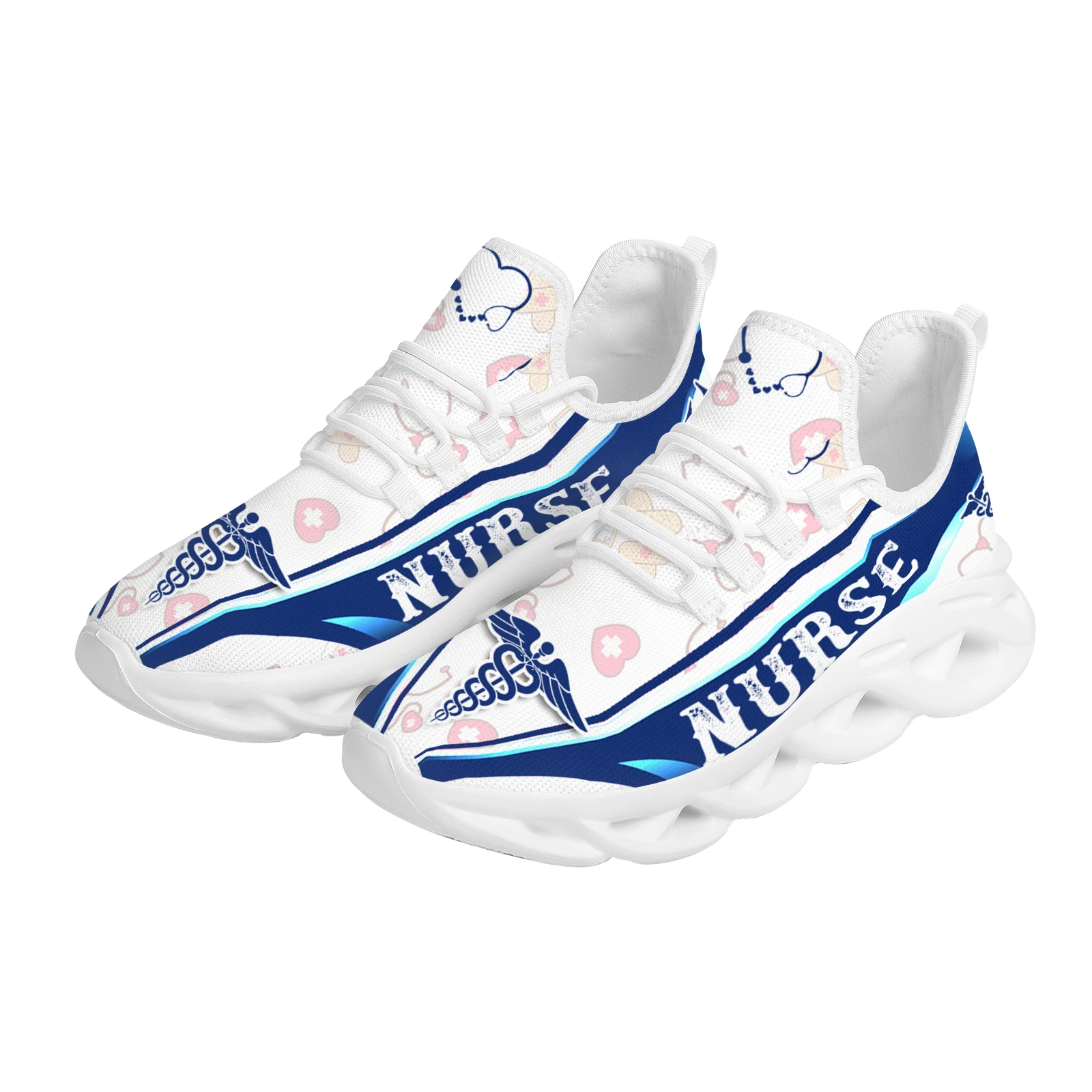 White Ladies Nurse Print Summer Knit Platform Shoes Lightweight And Breathable Lace-up Blade Sneakers Medical Shoes
