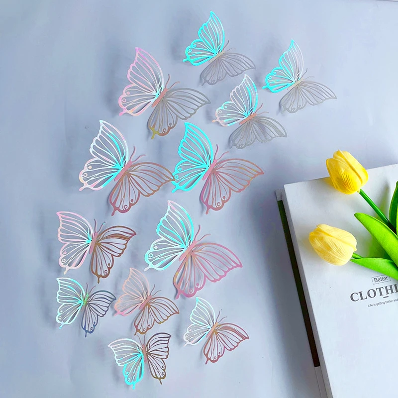 12Pcs Hollow Carving 3D Dazzling Butterfly Wall Sticker Party DIY Butterflies Stickers For Home Decor On The Wall Wedding Decor