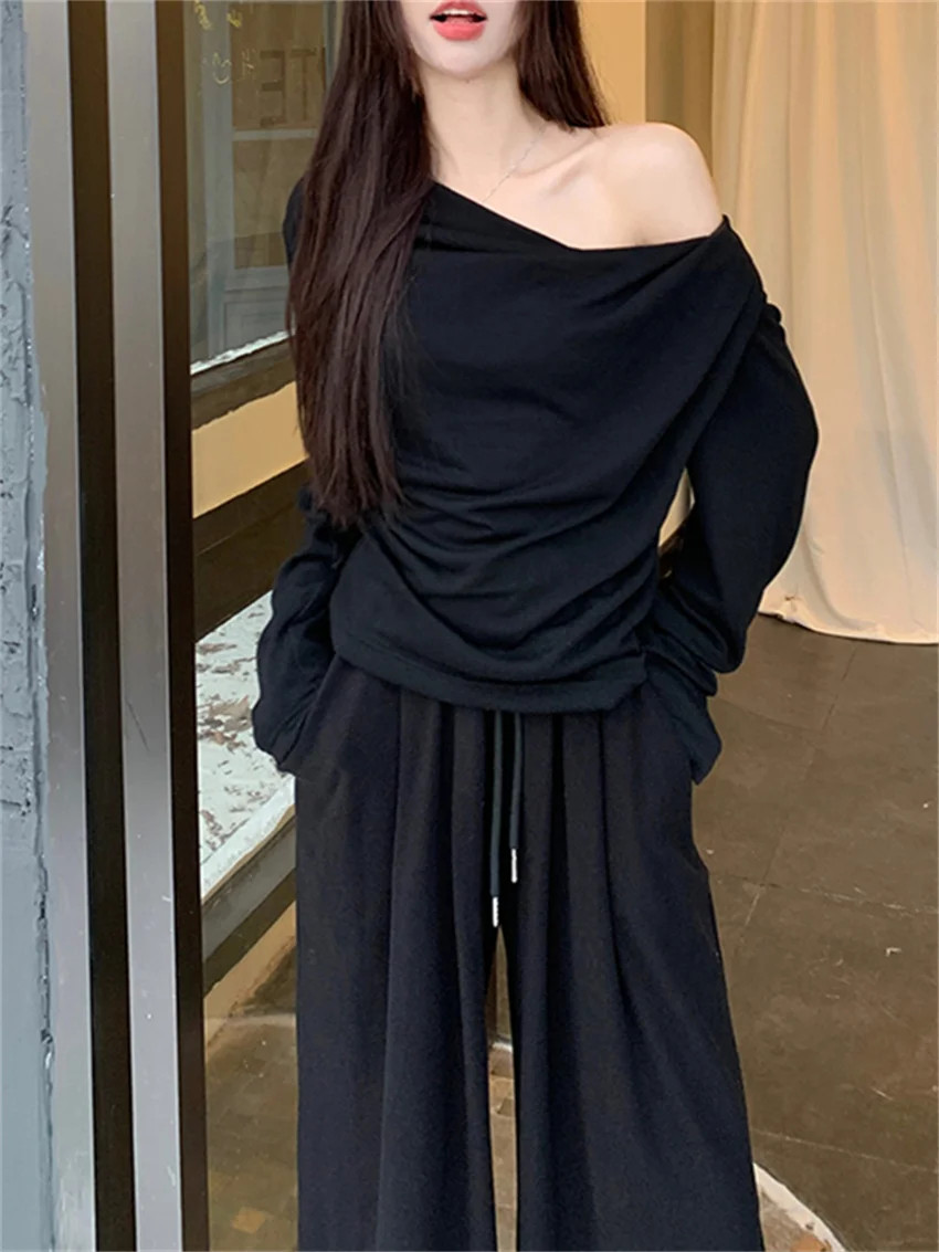 PLAMTEE Off Shoulders Sweaters Women Chic Loose Wide Leg Pants Suits 2024 Spring Elegant Daily New Casual Office Lady Sets