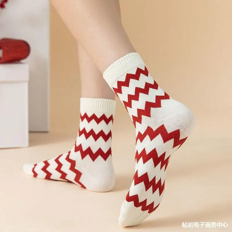 

Red Socks Women'S Socks New Year Cotton Stocking Christmas Middle Tube Stocking Lucky Festival Skin-Friendly Soft Breathable