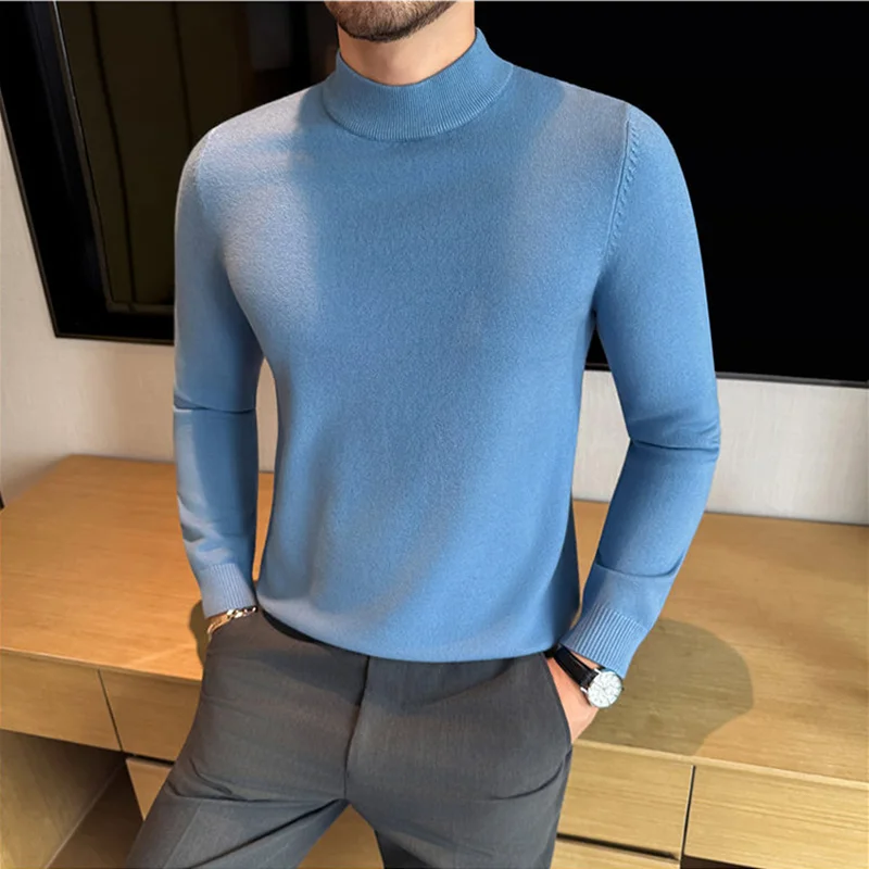 

Высококачественный нейлоновый однотонный свитер с полувысоким воротником, мужской облегающий вязаный пуловер, осень-зима, мужские эластичные свитера с длинными рукавами