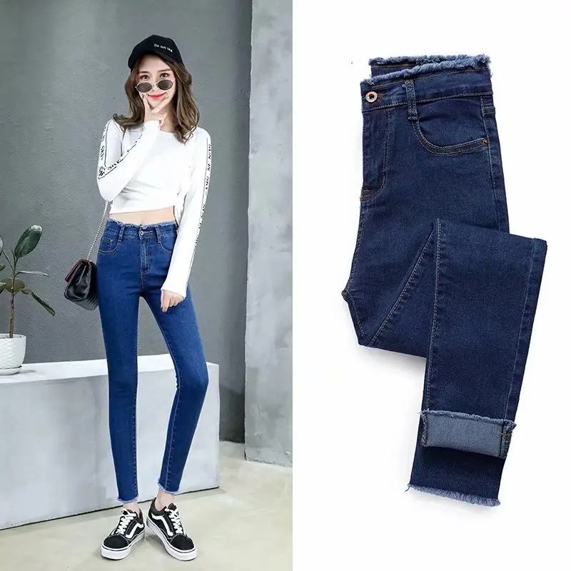 

Deep Blue High Waist Frayed Hem Denim Skinnies Women's 2024 Spring Autumn plus Size Slimming Nine Crop Pencil Pants