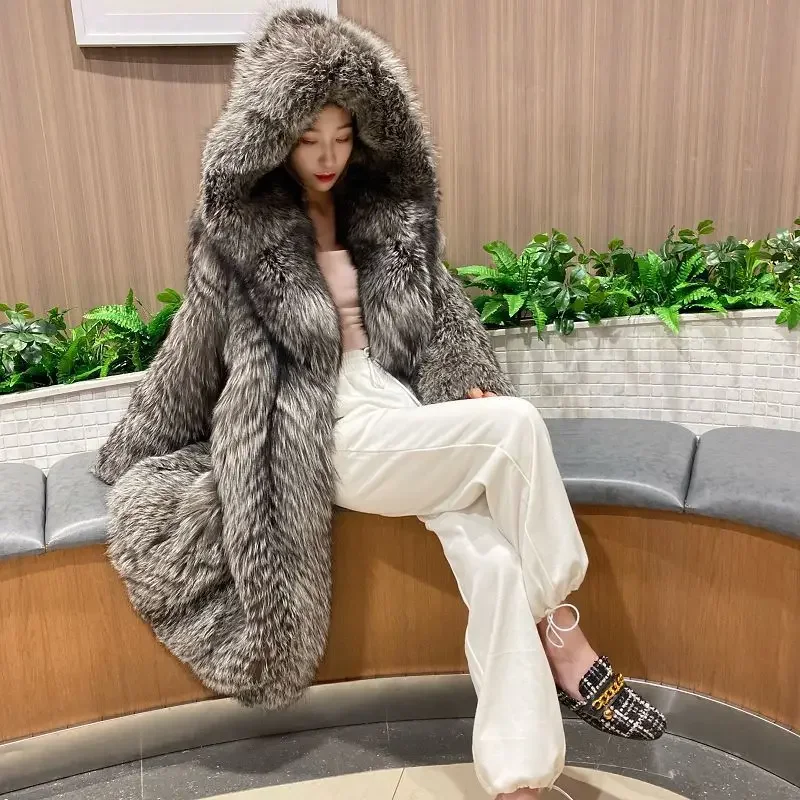 New Oversize Winter Women\'s Fur Coat Faux Fox Fur Windbreaker Hooded Long Parkas Jackets Padded Warm