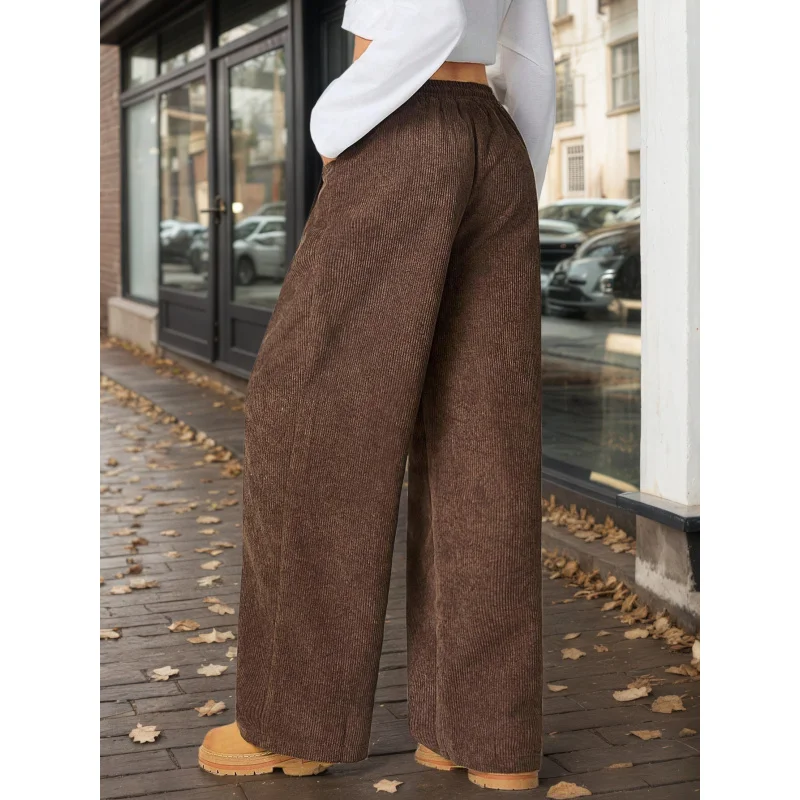 YQ1-Women's Style américain marron foncé pantalon décontracté ample automne hiver drapé taille élastique jambe large minceur pantalons longs