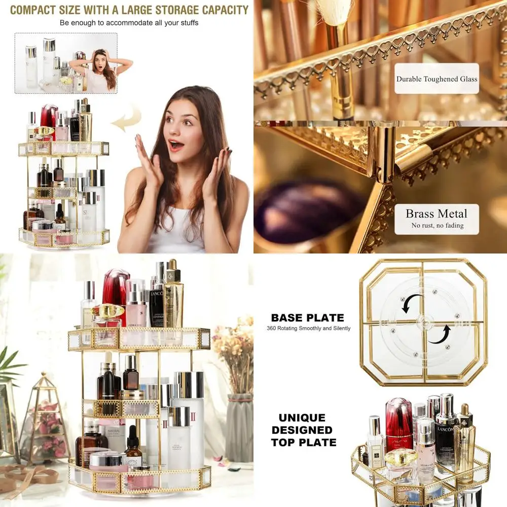 

360-Degree Swivel Glass Cosmetic Organizer with Gold Accents for Vanity: Large Display Holder for Makeup, Perfumes, Brushes, and