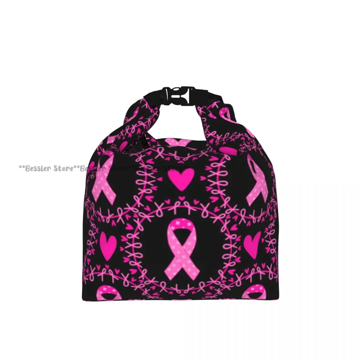 Roll Top Insulated Bento Lunch BagBreast Cancer Pink Ribbon Print Thermal Meal Bag Lunch Container Tote