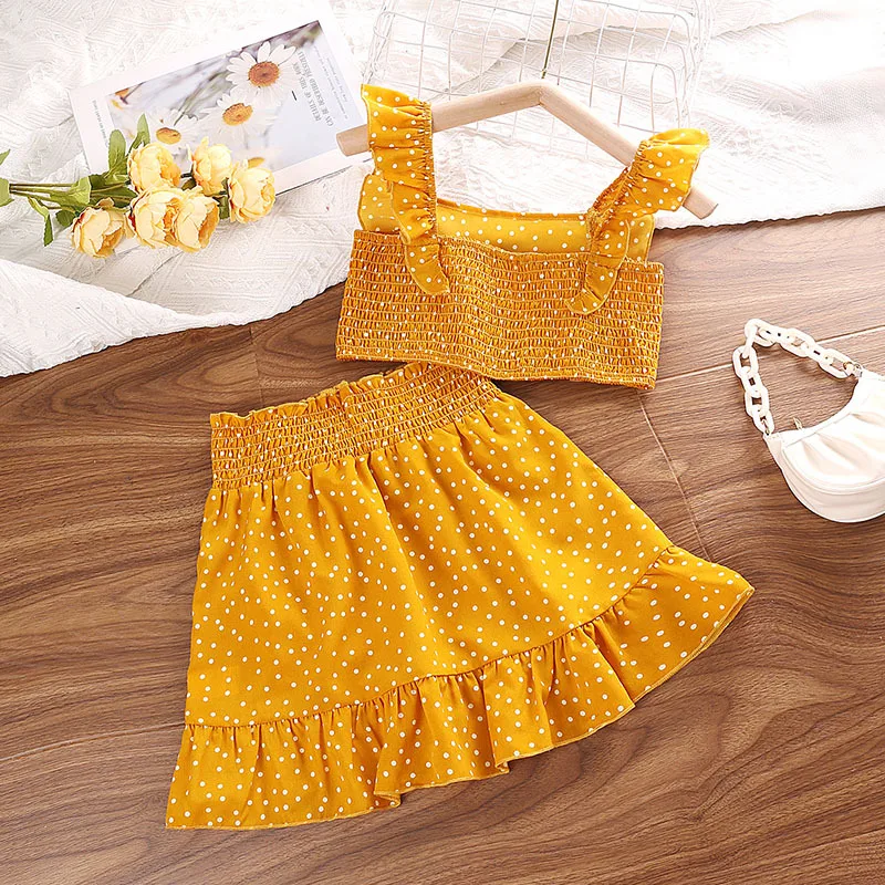 2023 New Summer Child Clothes Sets Sleeveless Ruffles Dot Claret Yellow 2 Piece Sets Designer Boys Clothes Sets 4-7T