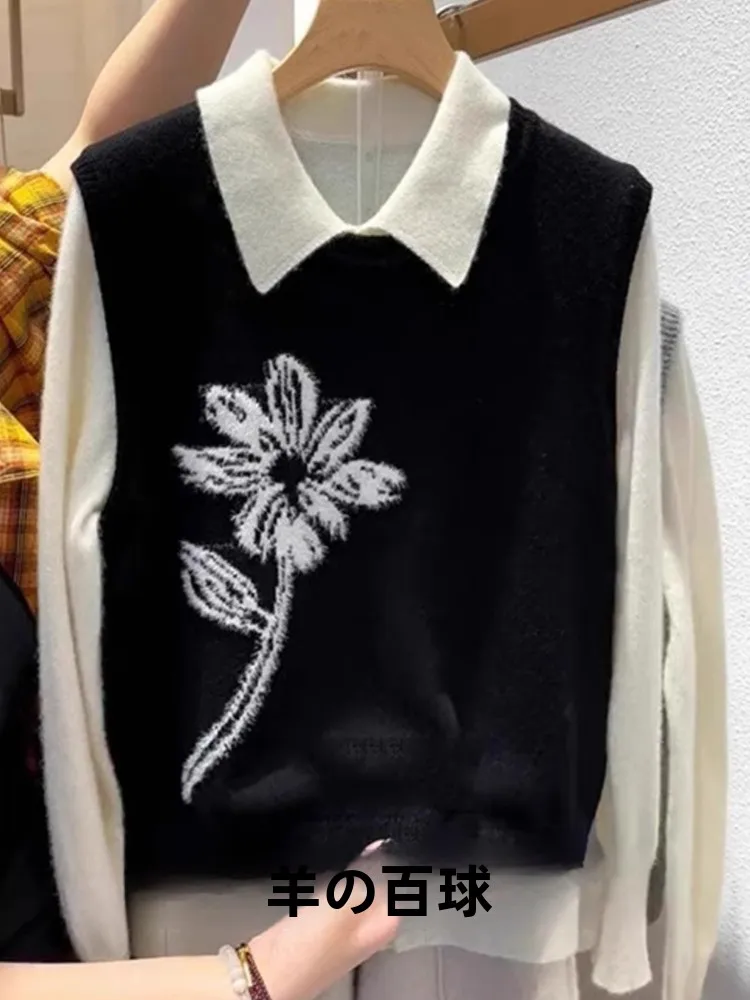 Korean Style round Neck Knitted Sweater Women's Sleeveless Top Floral Embroidery Design Casual Elegant Fashion Inner Wear