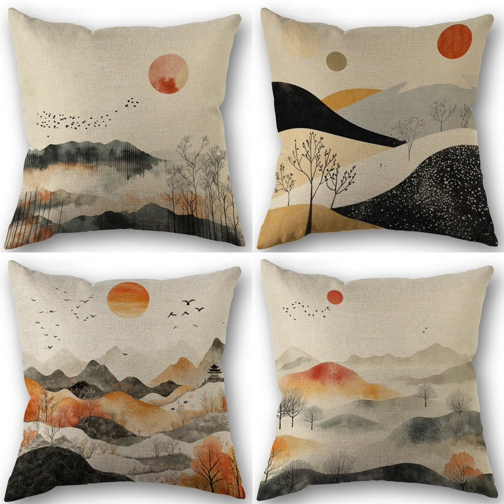Boho Mountain Watercolor Art Print Pillowcase Wedding Decorative Linen Pillow Case For Home Pillow Cover 45X45(One Sides)