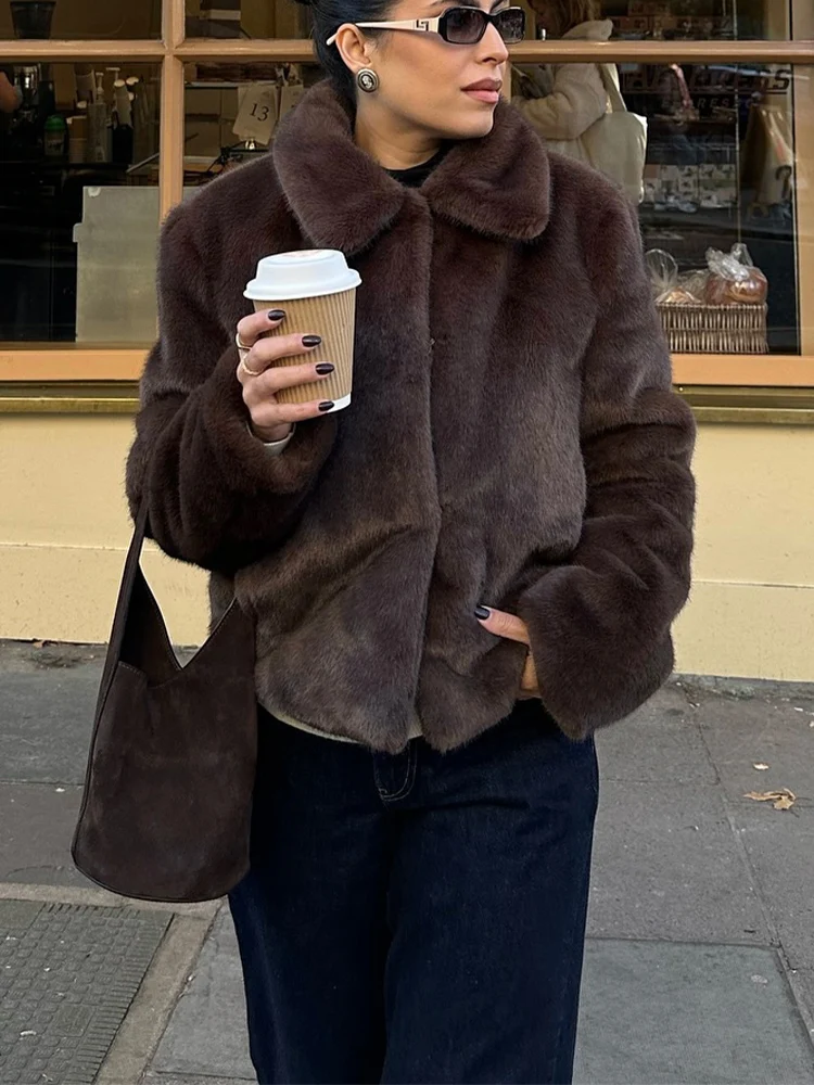 

HH модная женская коричневая короткая куртка из искусственного меха с длинным рукавом, мягкое укороченное пальто, женская свободная уличная одежда с эффектом искусственного меха