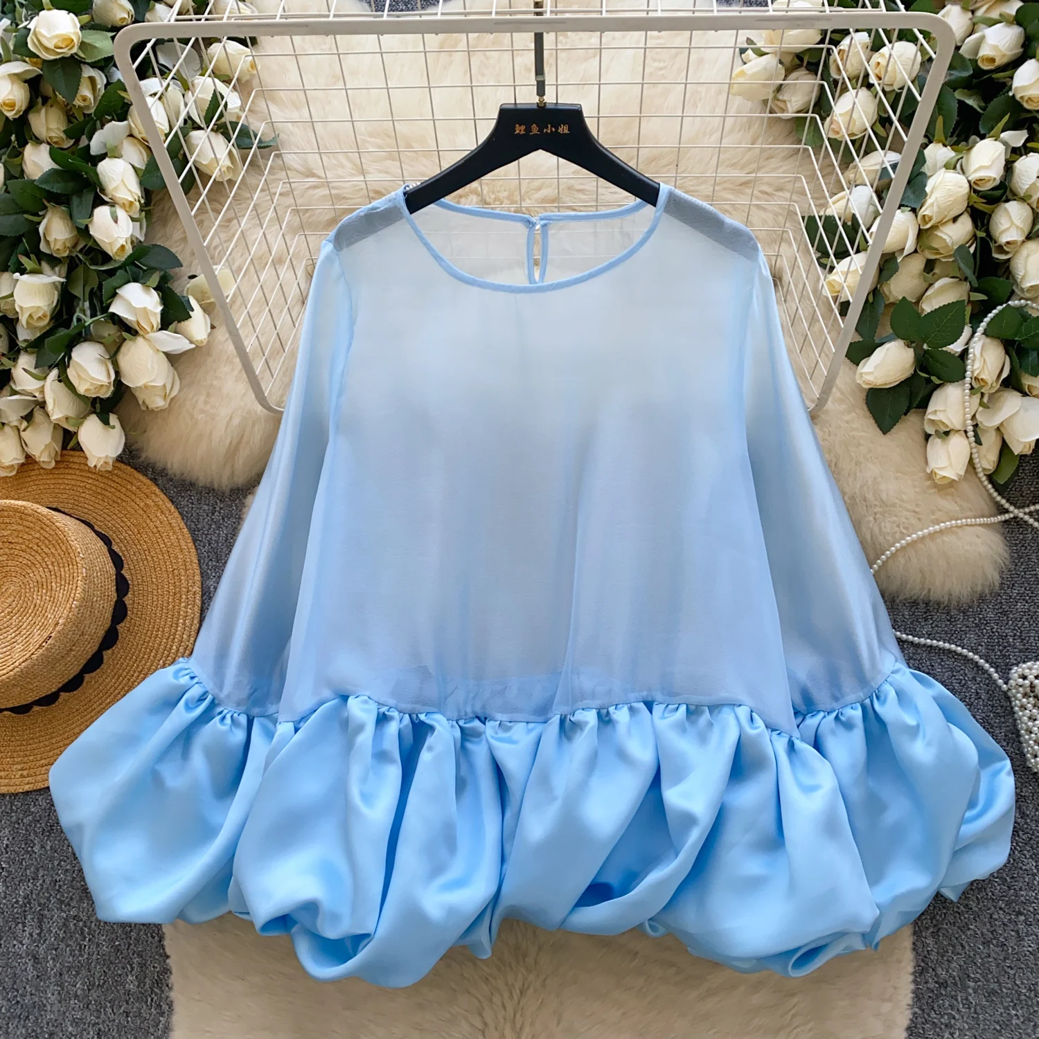 

Vintage Elegant Spliced mesh long sleeve Top Korean Streetwear High Street Autumn Basics T-Shirts