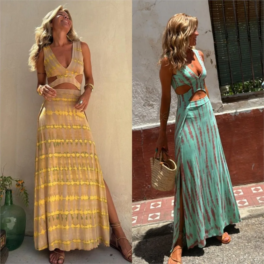 

Elegant Sleeveless Backless Hollow Split Long Dress 2025 New V-neck Waist Revealing Sexy Slim Fit Party Dress Vestidos De Mujer