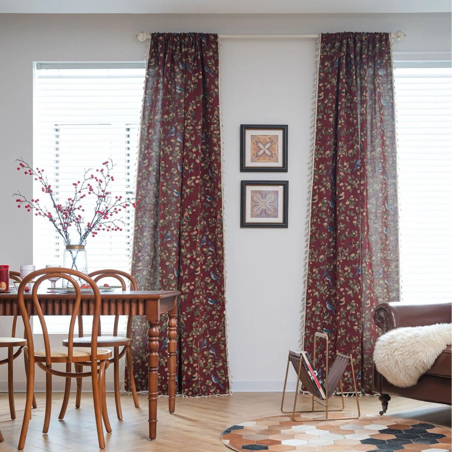Red color Jacquard flower-and-bird patterned window curtains are semi-light-blocking for home decor