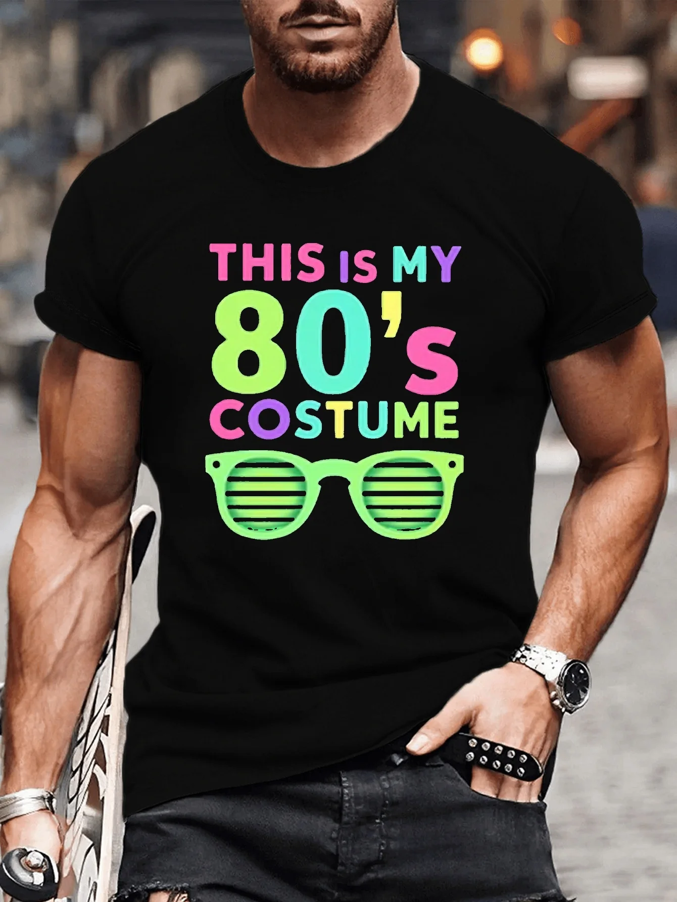 

Men's Retro 80s Costume T-Shirt | Multi-Color Geometric Print | Casual Polyester Tee with Fashion Glasses Graphic
