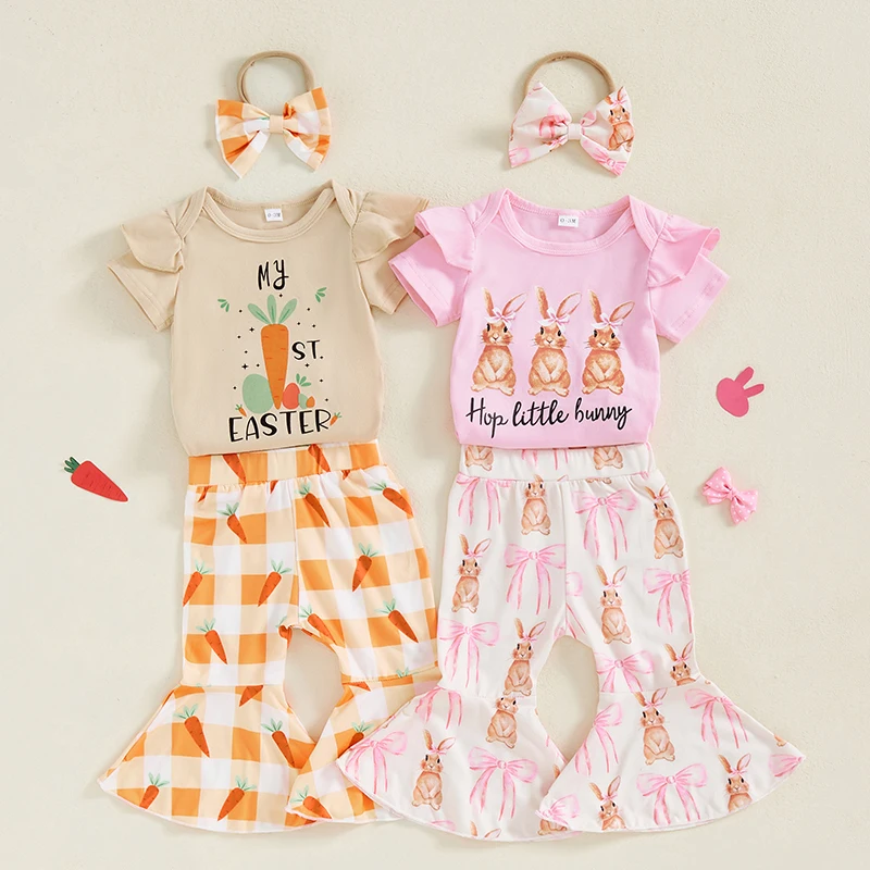 Summer Newborn Baby Girl Easter Clothes Outfits Letter Carrot/Rabbit Print Short Sleeve Romper Flare Pants Headband 3pcs Clothes