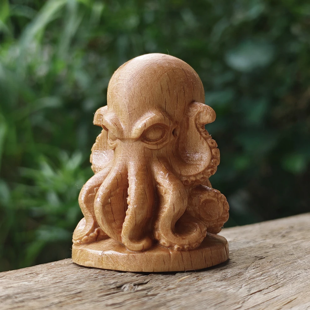 1.8 Inch Hand-Carved Wooden Octopus Figurine Modern Style Suitable for Study Room, Living Room, Halloween Gift, Home Decoration, Office, Holiday Decoration, Men's Gift, Creative Desktop Ornament