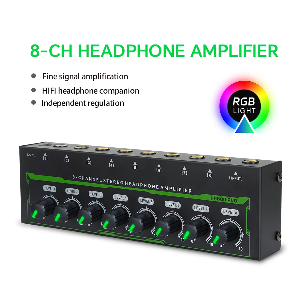 電源アダプター付きステレオヘッドフォンアンプ,オーディオアンプ,8チャンネル,12V DC,入力および出力インターフェイス6.35mm