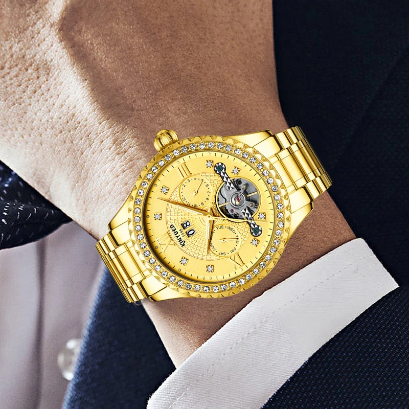 KINYUED الأعمال توربيون ساعة الرجال الذهب ساعات آلية أوتوماتيكية مقاوم للماء العلامة التجارية الأعلى مضيئة الرجال ساعة جديدة Reloj Hombre #6