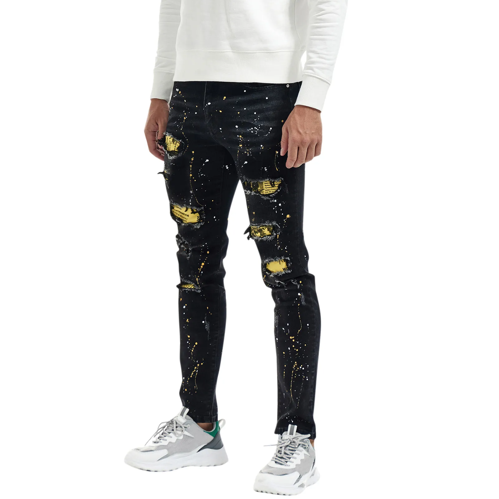 Calças de brim casuais do furo da pintura dos homens streetwear retalhos denim calças de lápis magras zíper voar bolso calças harajuku