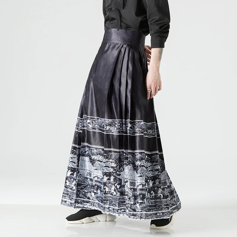 2023 Hanfu Men Vintage Pleated Horse Face Skirt Male Street Wear Black Newly Improved Skirt Pants Men Women Chinese Style Skirts