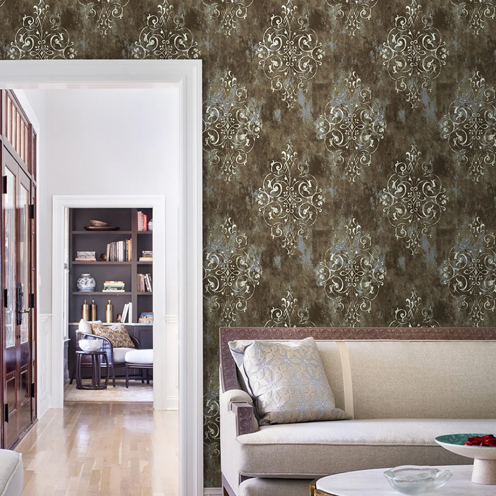 American Retro Damascus Wallpaper Self-Adhesive Damask Floral Wall Paper for Kitchen Bedroom Living Room Tv Background Mural