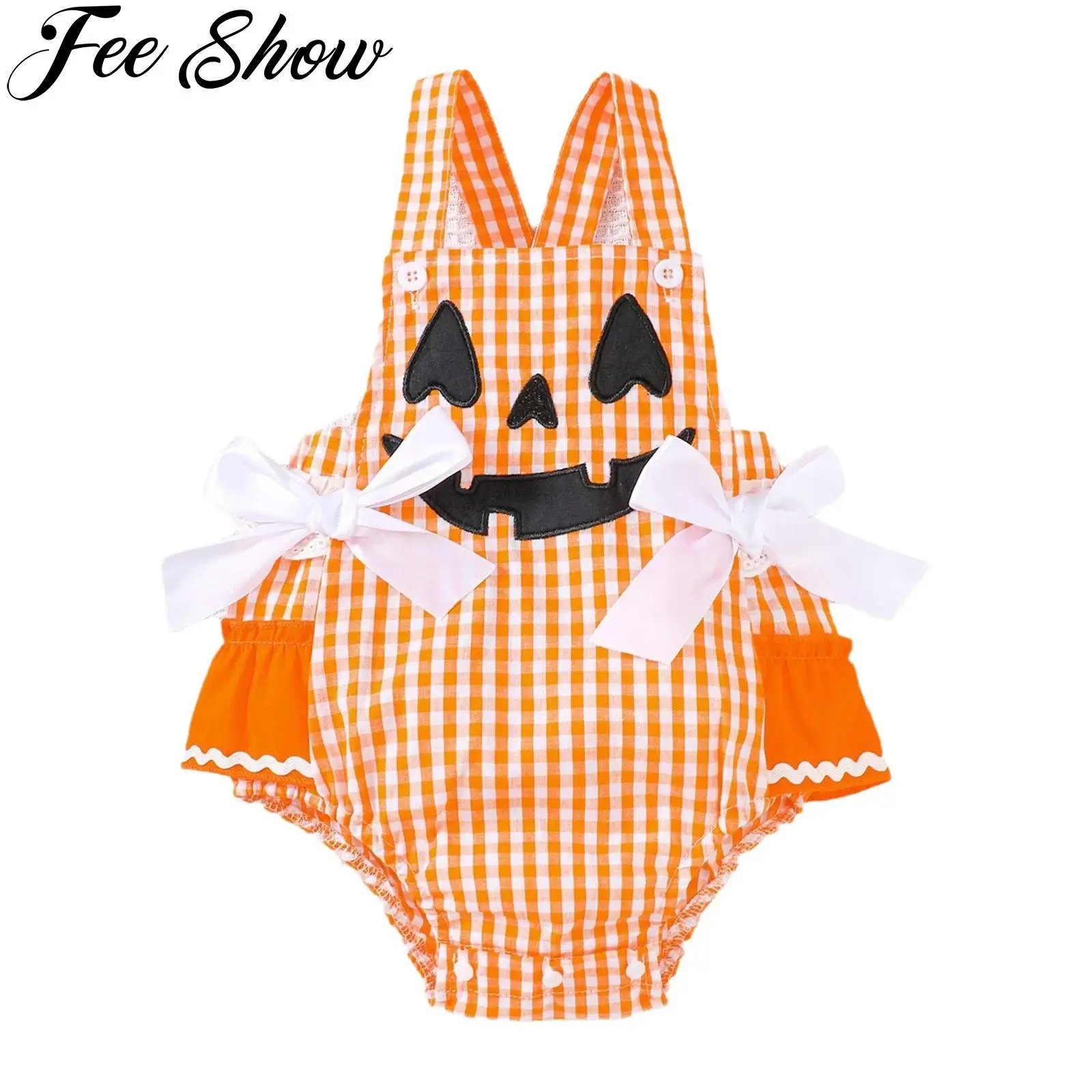 

Infant Baby Girls Halloween Pumpkin Costume Plaid Pattern Bow Ruffled Lace Romper Bodysuit for Theme Party Role Play Photo Shoot