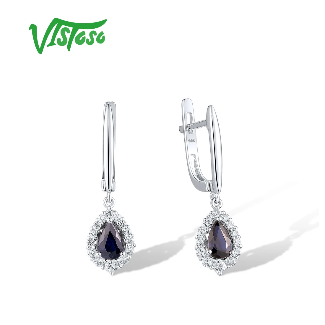 

VISTOSO 14K 585 White Gold Earrings For Women Glamorous Diamonds Blue Sapphire Luxury Teardrop Daily Wearing Trendy Fine Jewelry