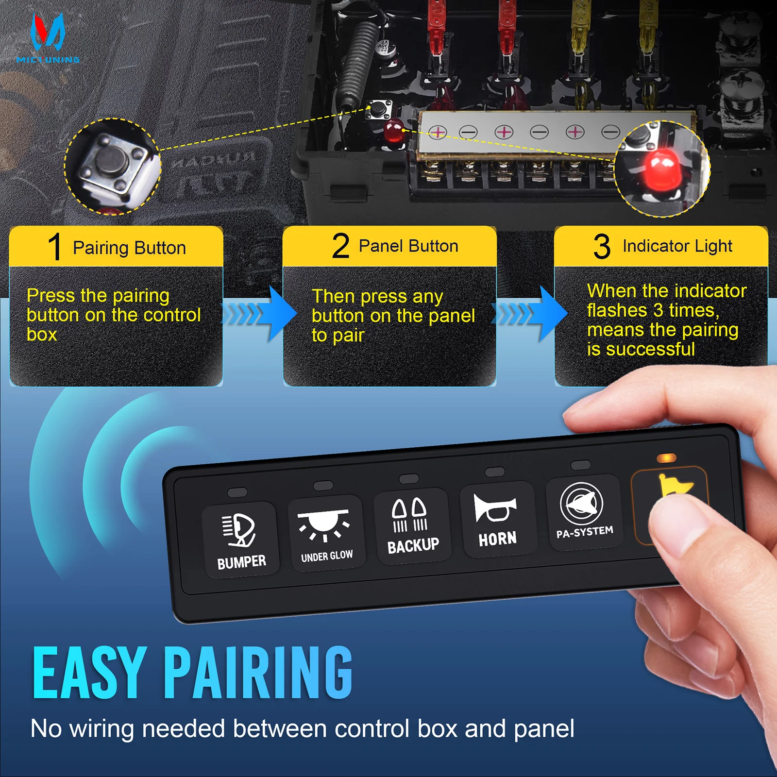 

MICTUNING 6 Gang Wireless Switch Panel 12V 80A Universal ON-OFF Relay Switch Box 4 Control Modes For Truck Offroad SUV Marine