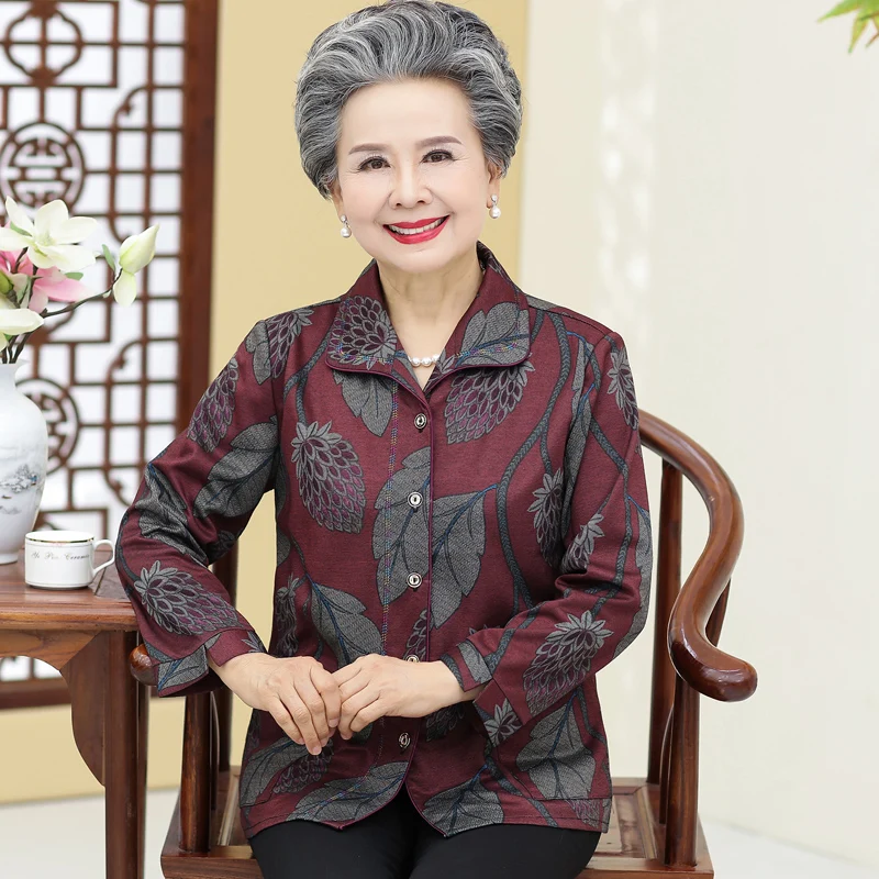 

Осенний комплект одежды Long Sve Old Lady Clothes 60-летняя женская модная повседневная свободная верхняя одежда с цветочным узором в виде птицы
