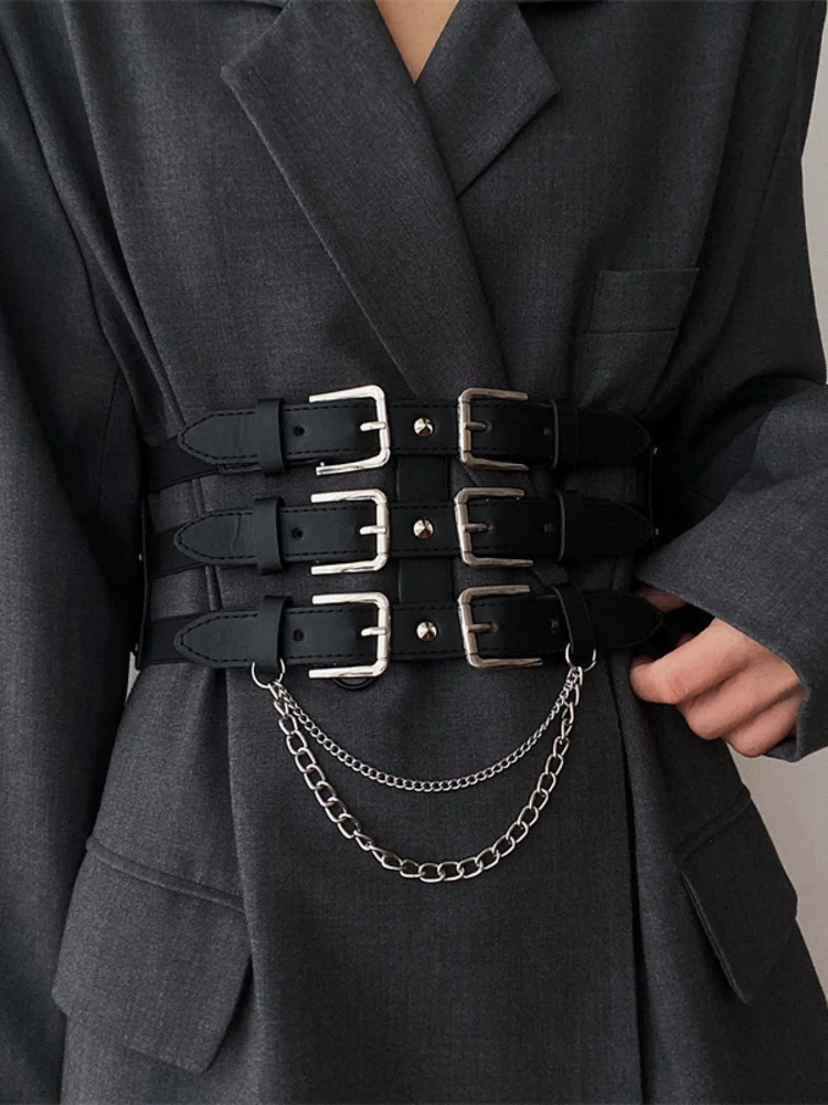 [LANMREM] PU Leather Black Belt Personalized Tide Chain All Match Dress Jacket Wide Belts Women's Waist Sealing 2025 New Style