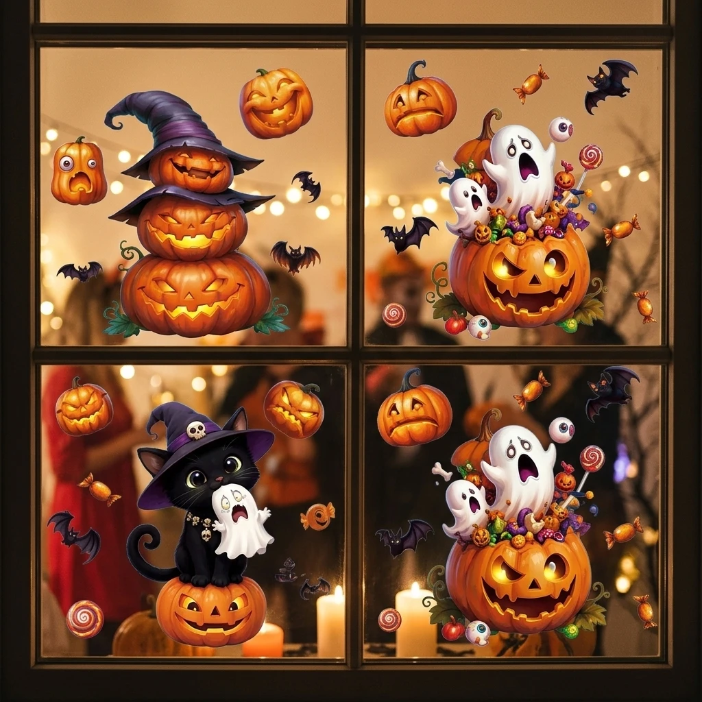 Fensteraufkleber Festliche Halloween-Dekorationen für Hausbesitzer Kürbis Geist Schwarze Katze Statische Glasaufkleber Party Heimdekoration
