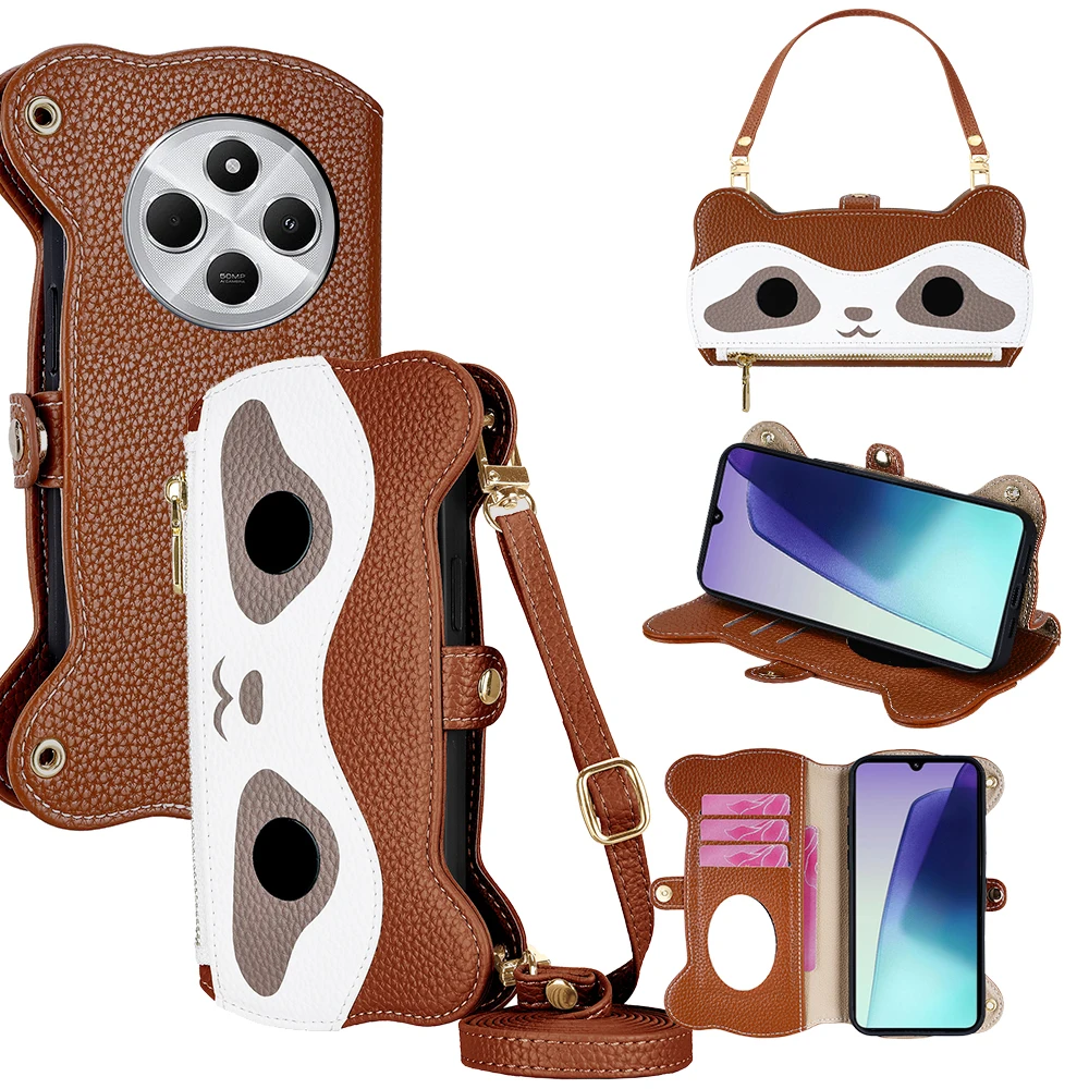 

Кожаный флип-чехол для Xiaomi Redmi 14C 14R, милый чехол в виде енота с длинным + коротким ремешком, мини-зеркальные держатели для карт