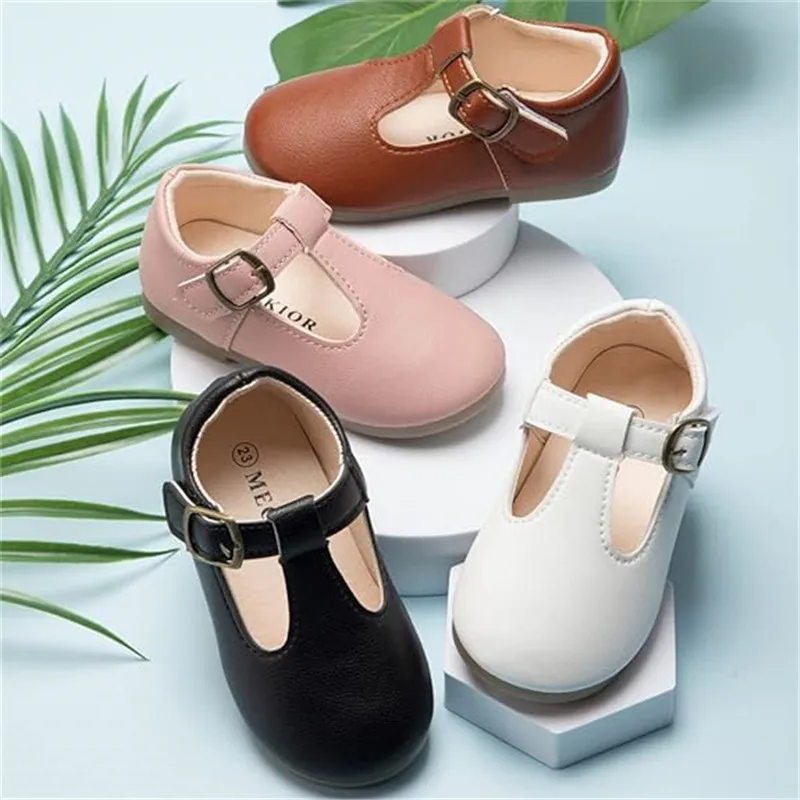 Baby Girls Mary Jane Dress Shoes T-Strap Cut-outs Leather Shoes Ballet Flats Princess Single Shoes Retro Party School Shoe