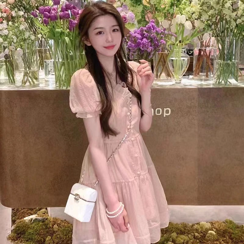 2023 French V-neck Pink Sweet Women\'s Dress Summer Dress Fairy Dress Pure Desire ins Yarn Dress Women\'s Dress Short Dress