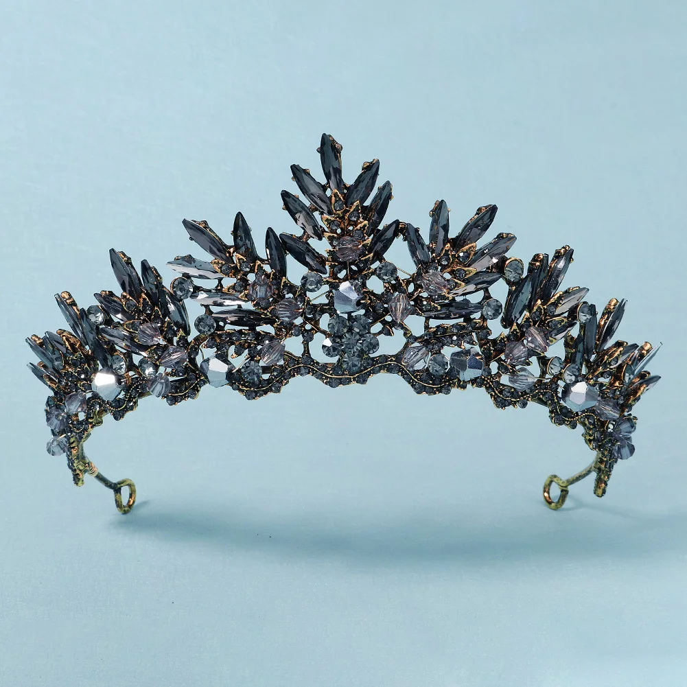 Vintage Baroque Black Color Queen Tiaras Crown Diadem Crystal Rhinestone Bridal Hair Jewelry Headpiece Wedding Hair Accessories