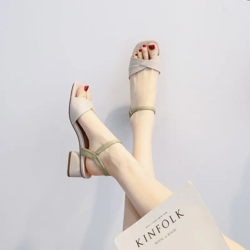 Fairy Style Square Head Color Contrast Open-toe Sandals Summer Thick Heel Fashion One-word Buckle Roman High Heel Women