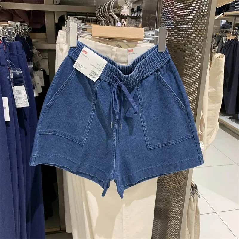 Nuove donne elastico in vita Demin pantaloncini estate a vita alta con gamba larga Jeans pantaloncini Casual donna pantaloni corti in Denim larghi