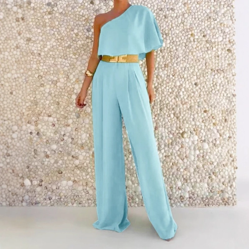 

Women’s Jumpsuit Fashion Skew Neck Ruffles Elegant One Shoulder Casual High Waist Long Pants Overalls Lady Elegant Rompers 2025