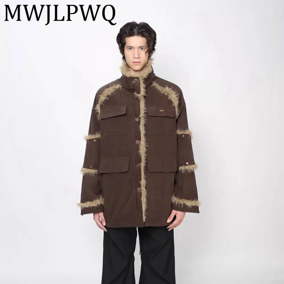 

MWJLPWQ Retro Corduroy Workwear Mid-Length Cotton Coats For Men Deconstructed Winter High-End Feel Fur Collar Loose Tops 21850