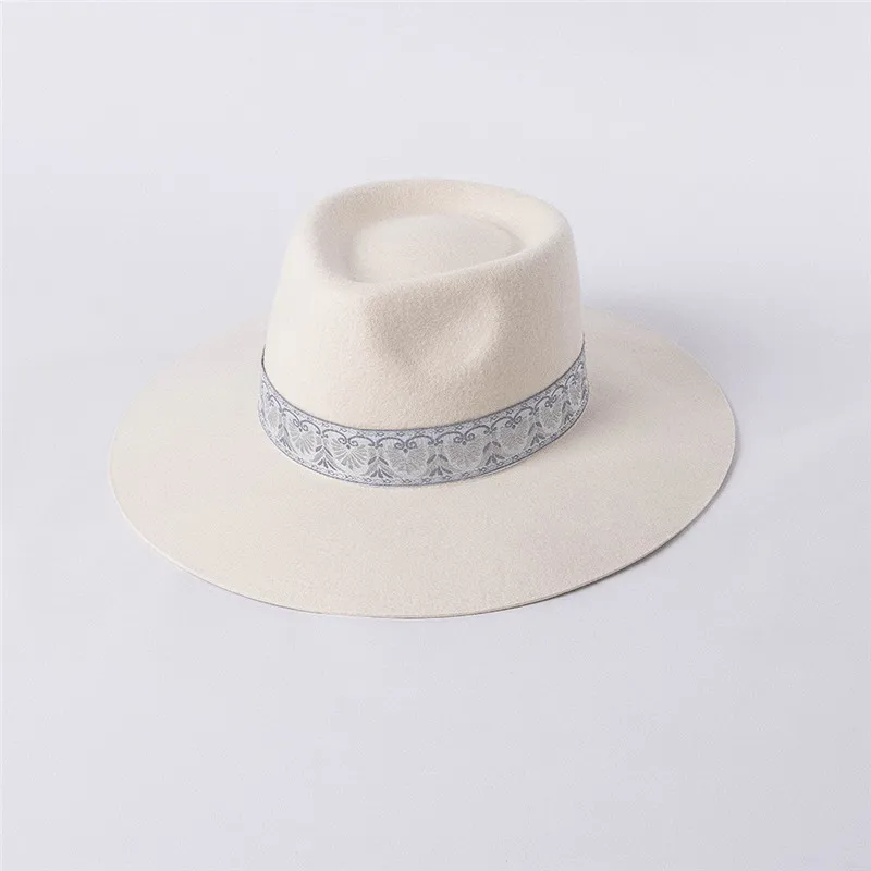 USPOP 2022 New Autumn Vintage Embroidered Ribbon Wide Brim Wool Jazz Fedoras Winter Women Wool Hats