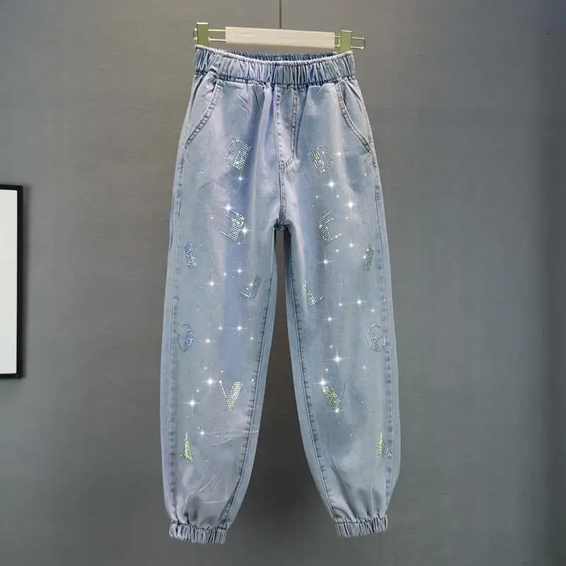 2026年夏新作 ハイウエストジーンズ ゆったりとした伸縮性ウエスト ホットプレスダイヤモンドパンツ レディースカジュアルデニムトラウザーズ