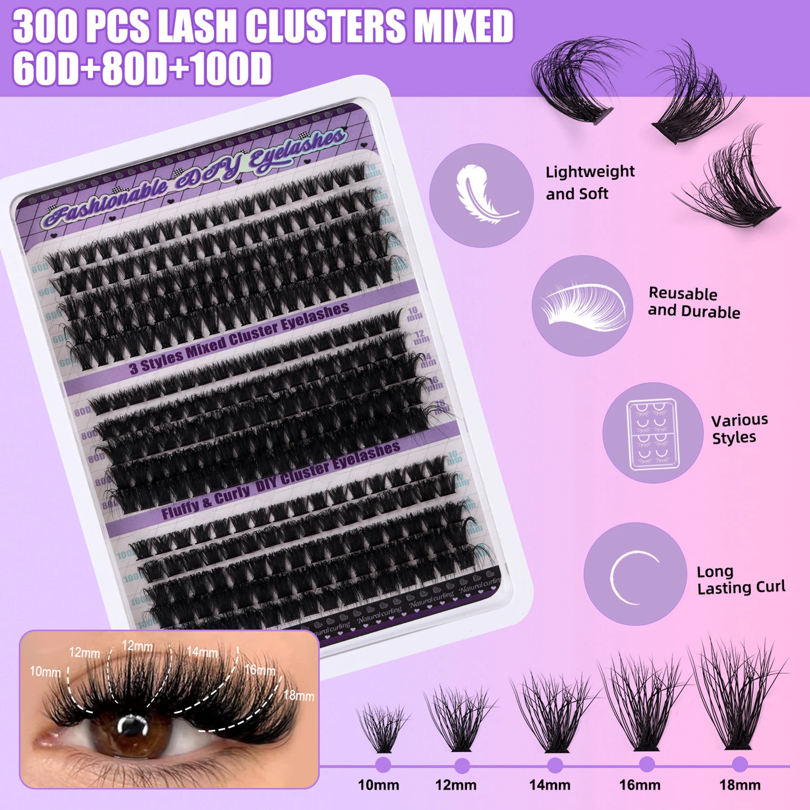 Lash Clusters Set DIY Lashes Extension Kit Individual Eyelash Extension Kit 270 Cluster 60D 80D 100D 10-18mm DIY False Eyelashes