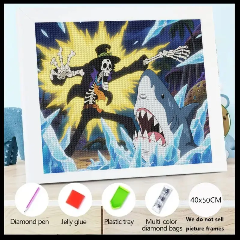 

1 шт. 5D DIY Набор алмазной живописи, аниме One Piece Brook Skeleton & Shark Battle Scene Full Drill Crystal Gem Art, мультяшная фантазия