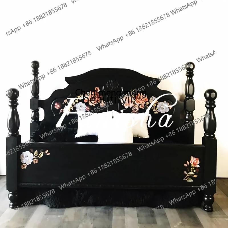 

Vintage Solid Wood Bed European Style Carved Black Double Bed Villa Large Hand-painted Princess Bed H
