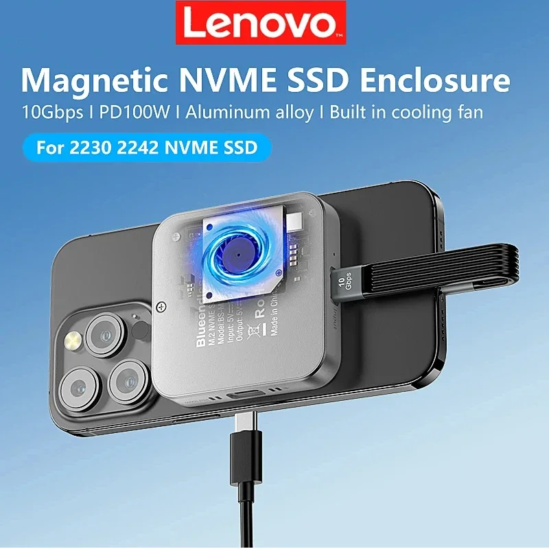 

Lenovo Enclosure with cooling fan Magnetic M2 2230 2242 NVMe SSD 100W PD charging Type C NVMe PCIE ssd case for Iphone Mac