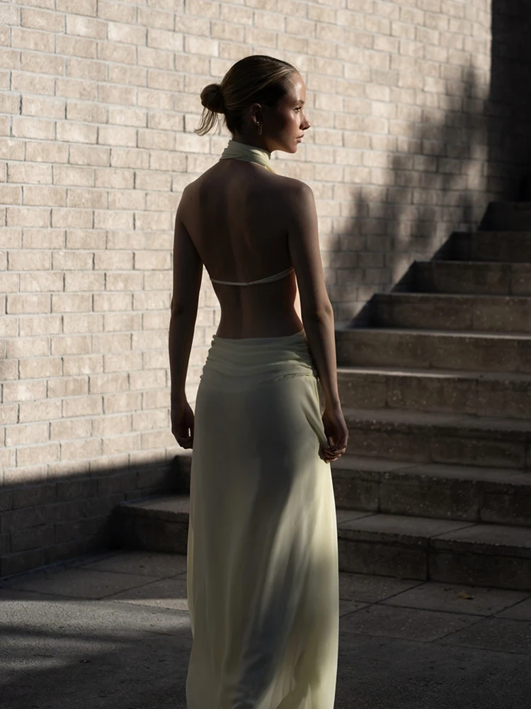 Nibber Urlaubs-Maxikleid für Damen, Rückenfrei, Ärmellos, mit Falten, Neckholder, Quasten, Schwingkragen, Elegantes Sommer-Strandparty-Kleid – Detail 8