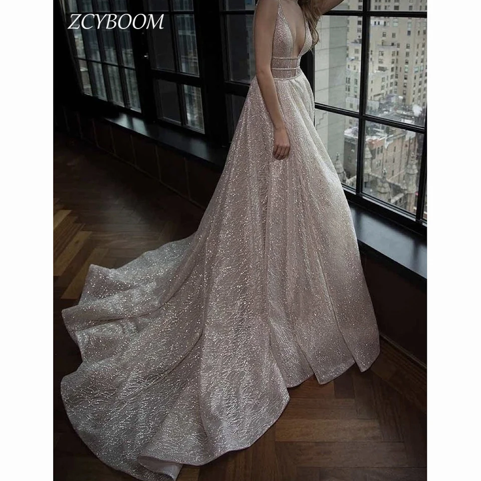 

Charming V-Neck Spaghetti Strap Sequin Open Back Evening Dress 2023 A-Line Floor Length Sweep Train Tulle Zipper Prom Dress