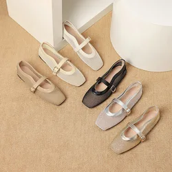 Fashion Square Toe Mesh Ballet Flats Buckle Strap Mary Janes Breathable Hollow Out Single Shoes Female Flat Bottom Casual Shoes